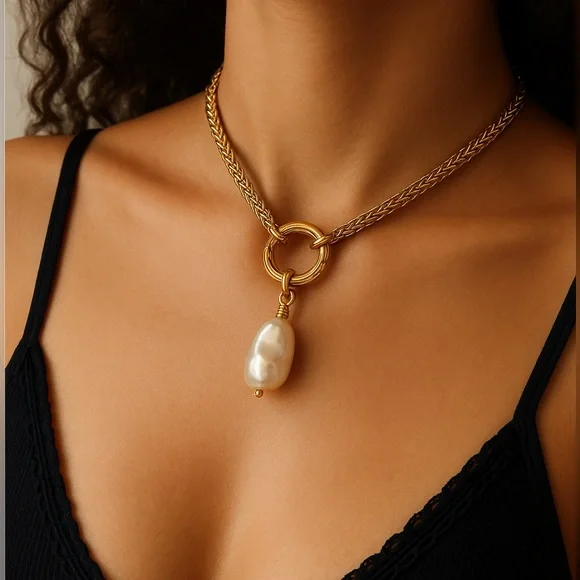 Statement Gold Necklace with Pearl Pendant 16 inches - Picture 4 of 12